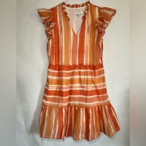 Willa Story Striped Peach Ruffle Sleeve Tiered Mini Dress Size M